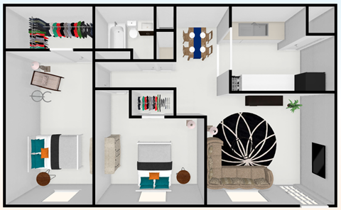Floor plan for 2 beds, 1 bath, 950 sqft